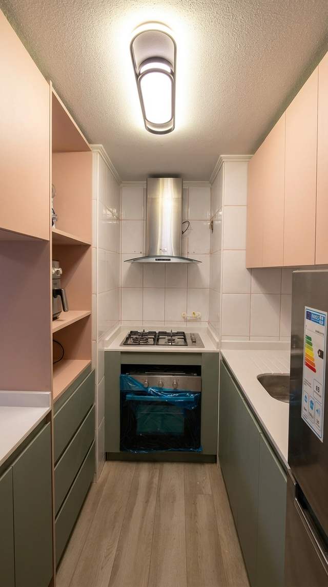 Cocina en verde y rosado